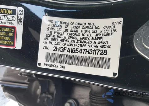 2007 Honda Civic Lx из США, поврежденный, VIN 2HGFA16547H311728